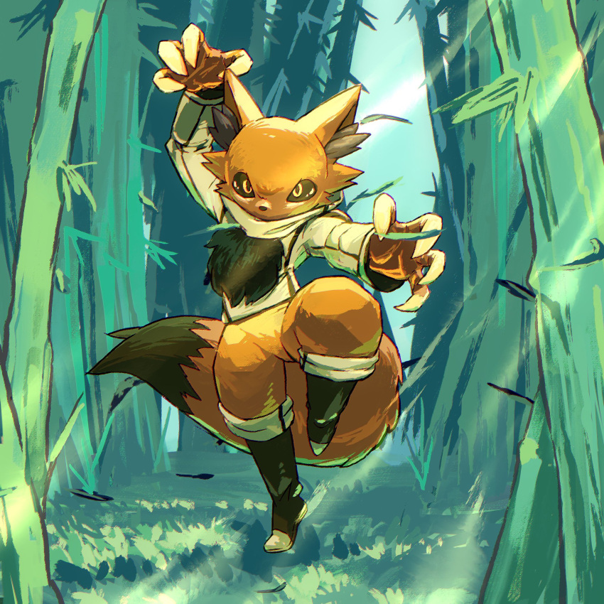 1girl, animal_ears, arm_up, bamboo, bamboo_forest, black_boots, black_fur, black_sclera