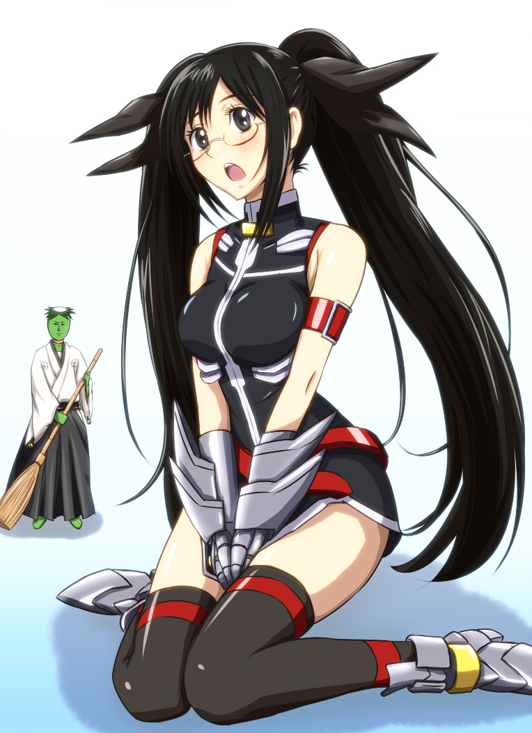bare_shoulders, black_eyes, black_legwear, blood-c, blush, breasts, broom, cosplay