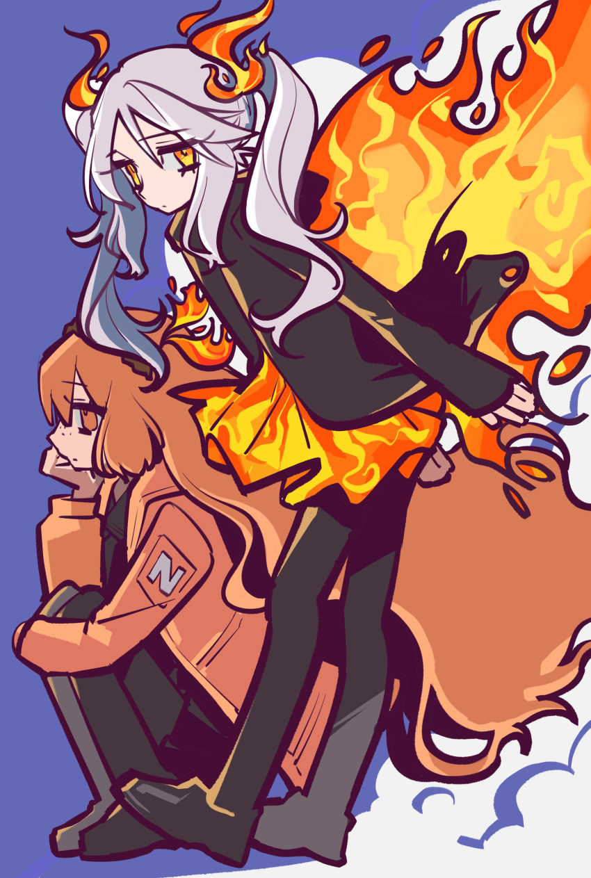 2girls, absurdres, ardor_blossom_star_(e.g.o), black_dress, black_jacket, black_pants, black_pantyhose, black_shoes, closed_mouth, dress, e.g.o_(project_moon), faust_(project_moon), fire_hair_ornament, highres, ishmael_(project_moon), jacket, kongtiao1111111, limbus_company, looking_at_viewer, multiple_girls, orange_dress, orange_eyes, orange_hair, orange_jacket, pants, pantyhose, project_moon, shoes, sidelocks, smoke, squatting, twintails, white_hair