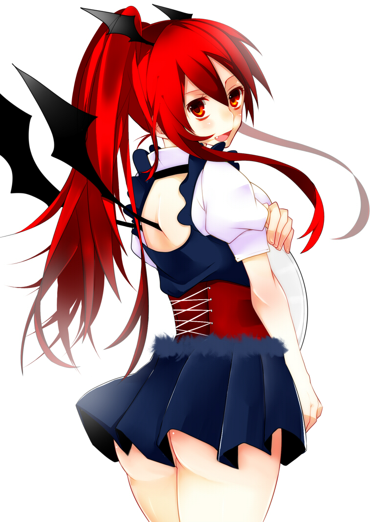 adapted_costume, alternate_hairstyle, ass, bat_wings, blush, corset, fang, from_behind