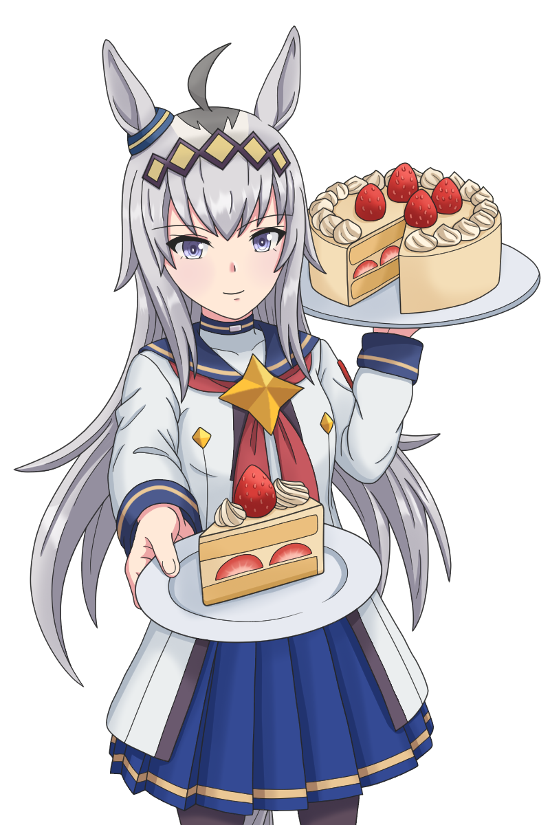 1girl, ahoge, animal_ears, birthday_cake, black_pantyhose, blue_eyes, blue_sailor_collar, blue_skirt, blush, brooch, cake, closed_mouth, commentary_request, ear_ornament, food, fruit, grey_hair, grey_tail, hair_between_eyes, hairband, highres, holding, holding_plate, horse_ears, horse_girl, horse_tail, jacket, jewelry, kkonmulbeom_nyomy, long_hair, long_sleeves, looking_at_viewer, multicolored_hair, neckerchief, oguri_cap_(starlight_beat)_(umamusume), oguri_cap_(umamusume), pantyhose, plate, pleated_skirt, red_neckerchief, sailor_collar, shirt, simple_background, skirt, smile, solo, star_brooch, strawberry, tail, umamusume, white_jacket, white_shirt