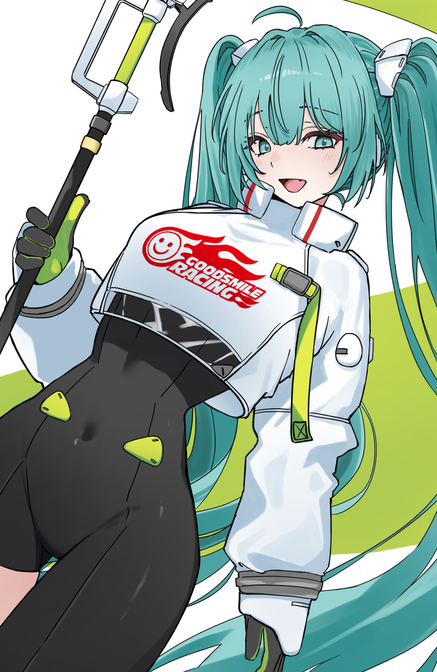 1girl, absurdres, aqua_eyes, aqua_hair, asymmetrical_legwear, black_bodysuit, black_gloves, black_thighhighs