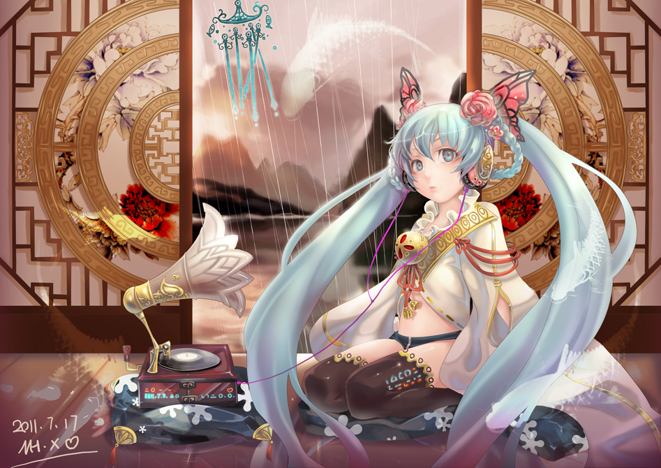 aqua_hair, braid, cushion, fish, flower, hair_flower, hair_ornament, hatsune_miku
