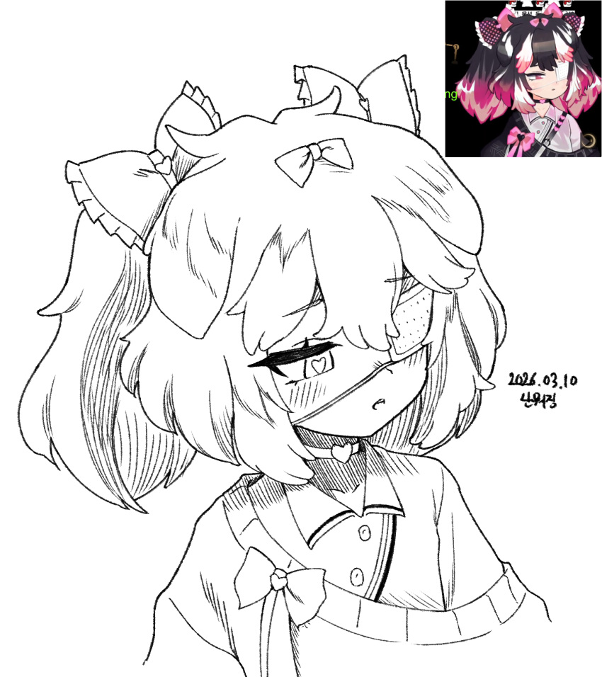1girl, blush, bow, cardigan, choker, collared_shirt, commentary_request, dated