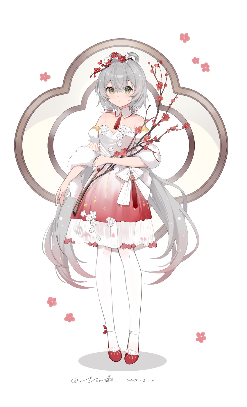 1girl, :o, absurdres, branch, branch_in_hair, detached_sleeves, dress, feixianji_(hairstyle)