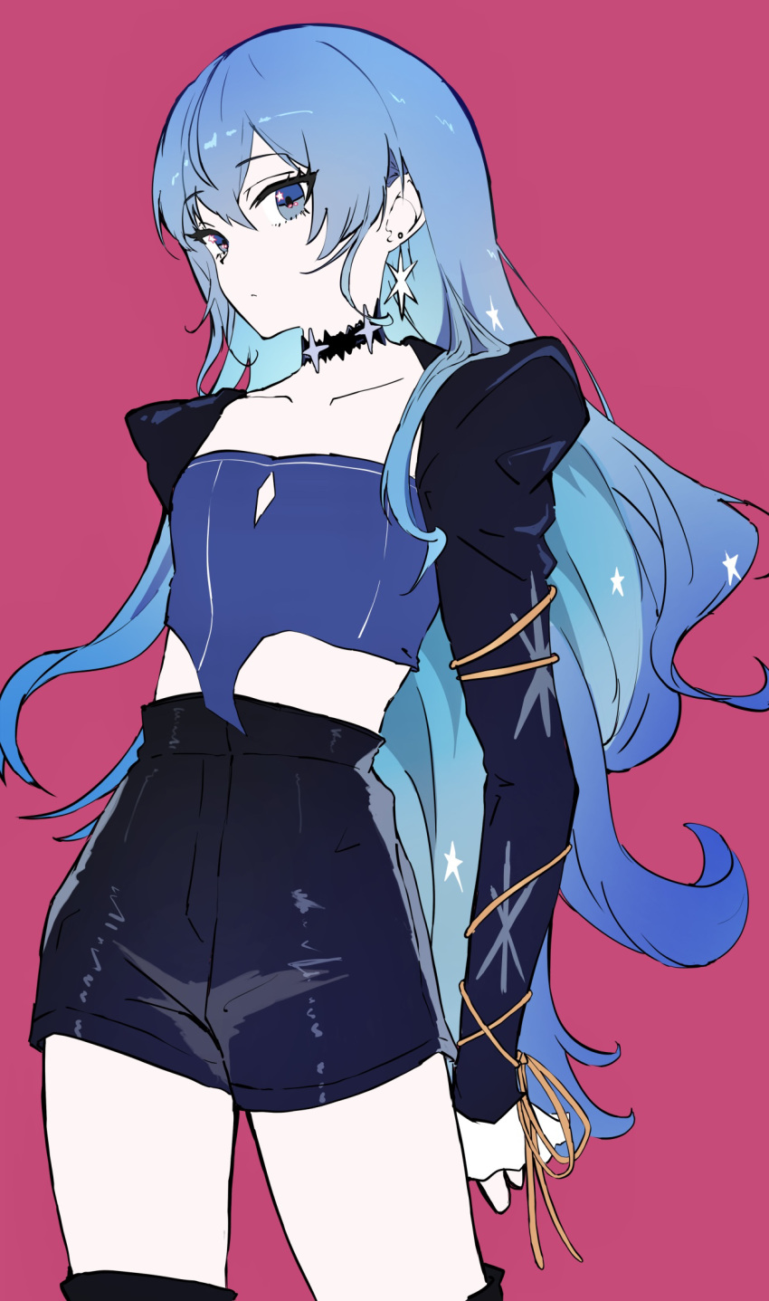 1girl, black_choker, black_shirt, blue_eyes, blue_hair, choker, closed_mouth, clothing_request