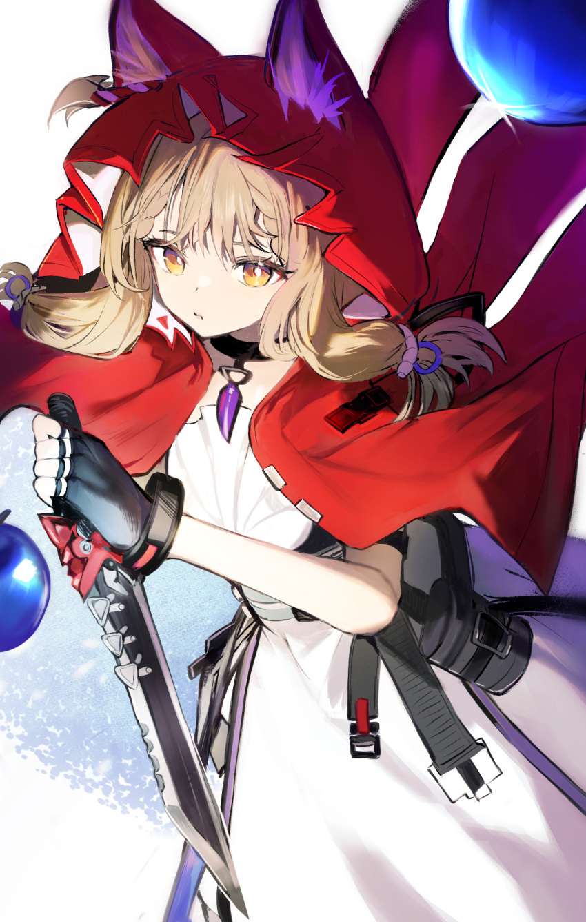 1girl, animal_ear_fluff, animal_ears, arknights, arknights:_endfield, black_gloves, blonde_hair, blue_apple, cape, closed_mouth, commentary, dagger, dress, fingerless_gloves, gloves, highres, holding, holding_dagger, holding_knife, holding_weapon, hood, hood_up, hooded_cape, knife, long_hair, low-tied_sidelocks, peno, red_cape, rossi_(arknights), sidelocks, solo, weapon, white_dress, wolf_ears, wolf_girl, yellow_eyes