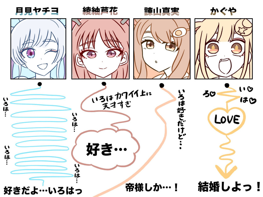 4girls, :d, ;d, arrow_(symbol), ayatsumugi_roka, blonde_hair, blue_eyes, brown_eyes