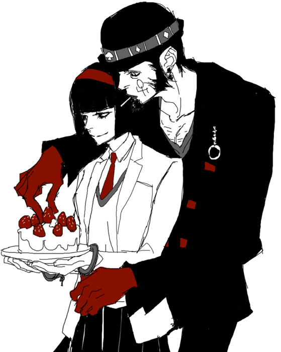 black_hair, bowler_hat, cake, candy, cuffs, earrings, facial_hair, facial_mark