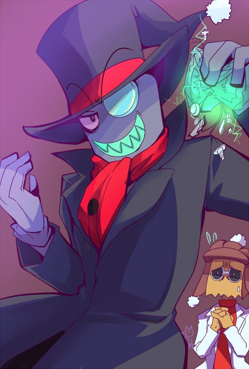 2boys, alternate_costume, aoinunu_(kamutomushi), black_coat, black_hat, black_hat_(villainous), brown_hat, coat