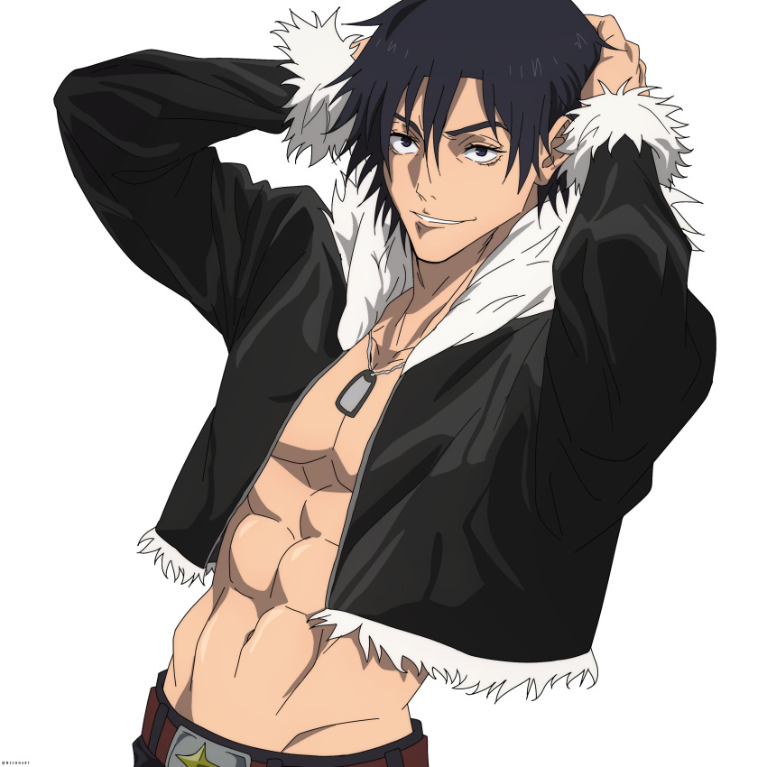 1boy, abs, absurdres, black_eyes, black_hair, black_jacket, highres, ishigori_ryu