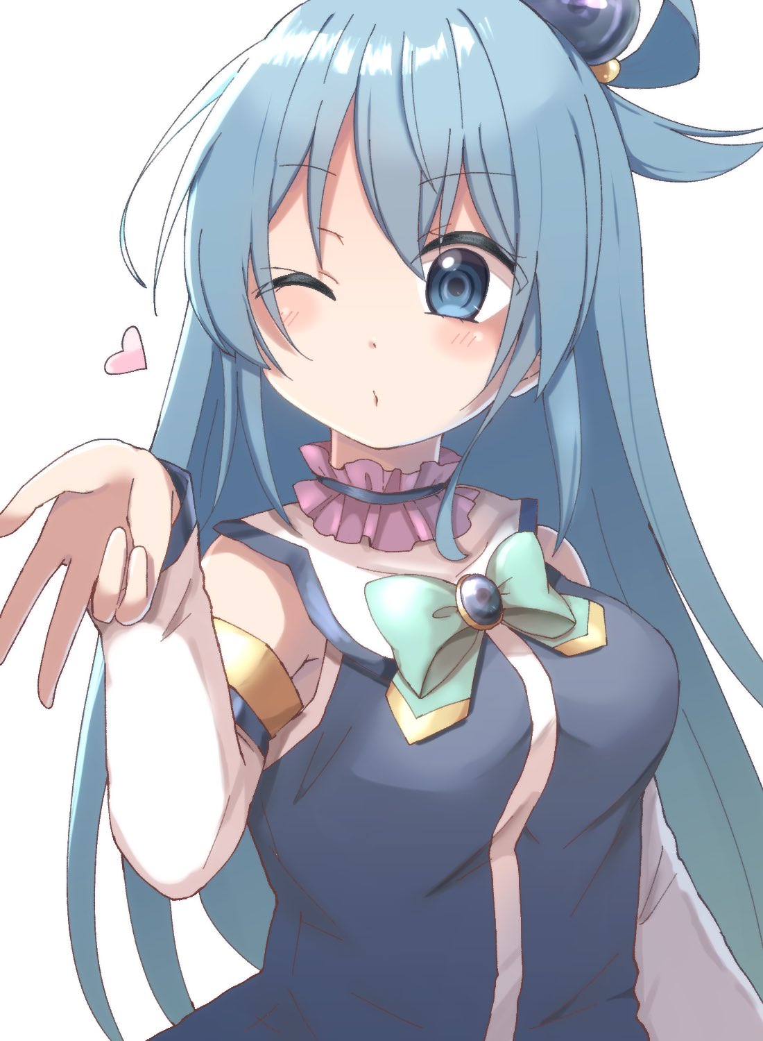 1girl, ;o, aqua_(konosuba), bare_shoulders, blowing_kiss, blue_eyes, blue_hair, blush, bow, breasts, commentary_request, detached_sleeves, green_bow, heart, highres, ikasumi_82, kono_subarashii_sekai_ni_shukufuku_wo!, long_hair, looking_at_viewer, one_eye_closed, simple_background, solo, upper_body, w, white_background
