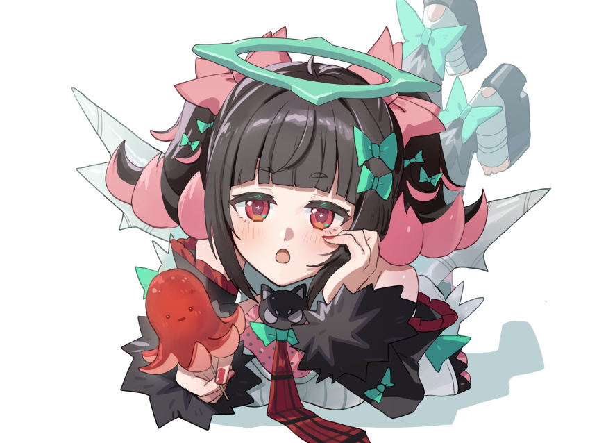 bare_shoulders, black_hair, bow, chinese_commentary, commentary_request, dress, food, green_bow