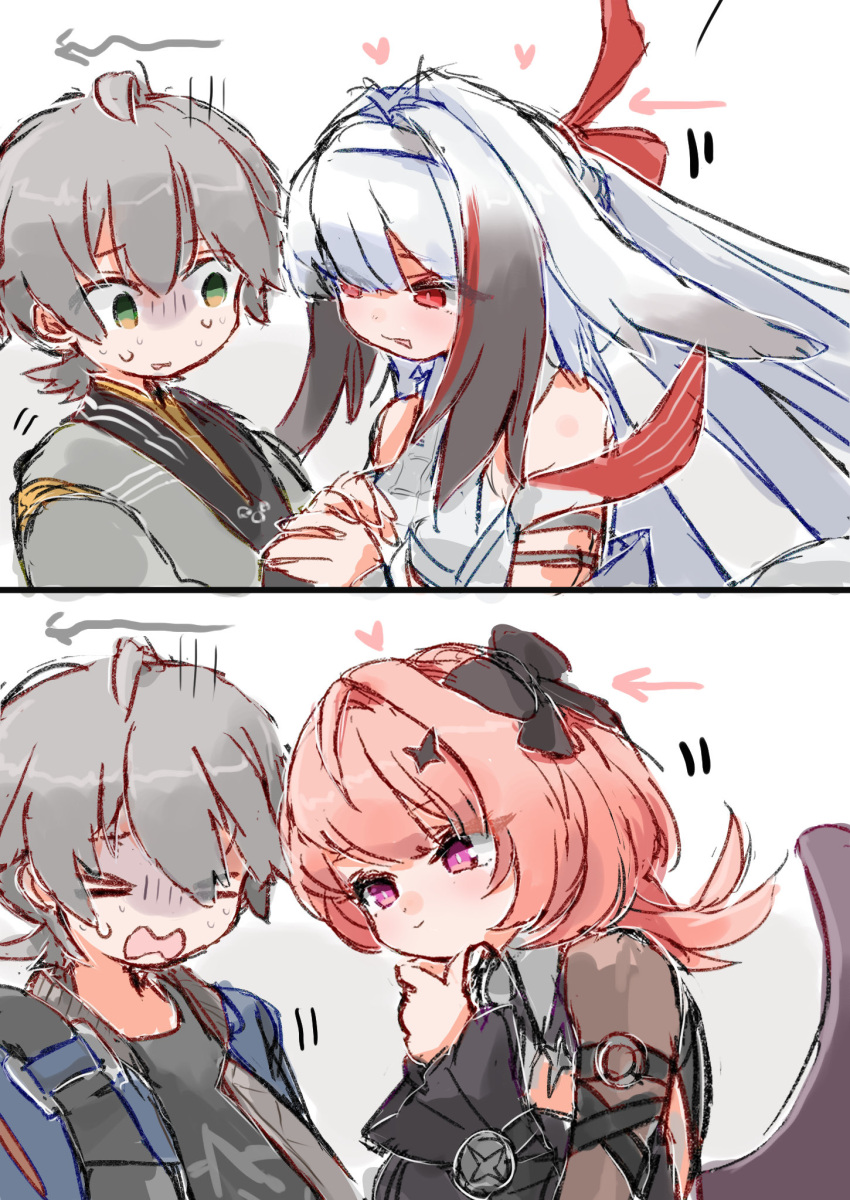 >_<, 1boy, 2girls, animal_ears, az79709363, black_dress, black_hair, black_shirt