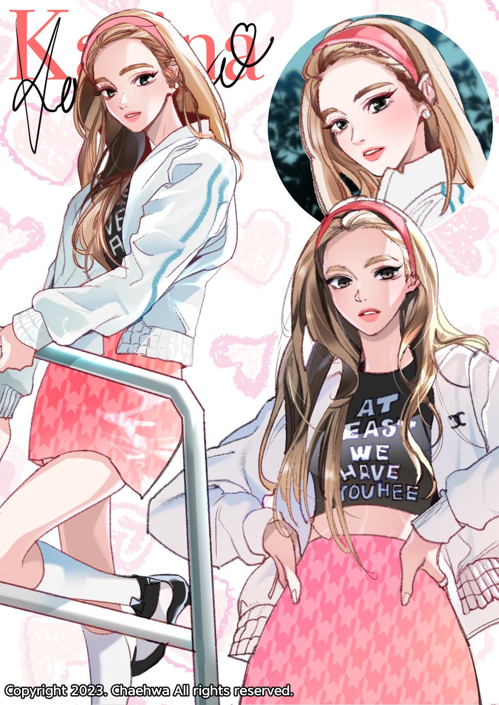 1girl, aespa, bhgl_lover, black_shoes, brown_hair, character_name, commentary, earrings