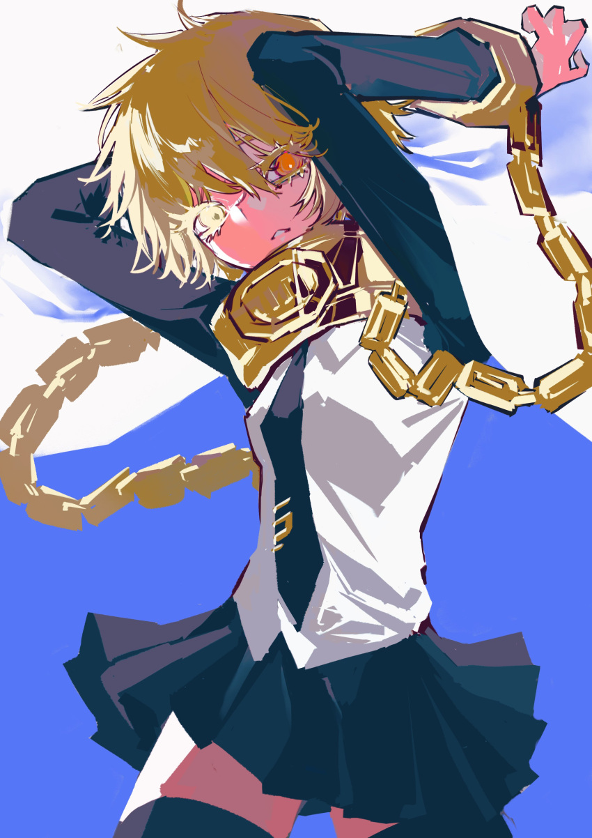 1girl, absurdres, black_necktie, black_skirt, black_sleeves, black_thighhighs, blonde_hair, cape