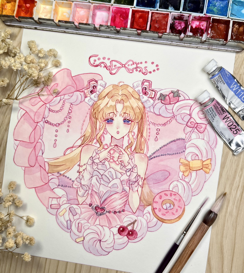 1girl, aegyo_sal, arm_bow, arm_warmers, art_tools_in_frame, back_bow, bare_shoulders, bead_armlet