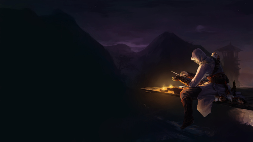 assassin's_creed, assassin's_creed, bird, blade, gloves, highres, hood, leap_of_faith, scenery, tervola, vambraces