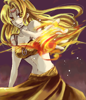 bikini_top, blonde_hair, fire, foreshortening, long_hair, lowres, mangekyo, navel, oekaki, outstretched_hand, rin_(time_stranger_kyoko), solo, tiara, tiger_print, time_stranger_kyoko, yellow_eyes