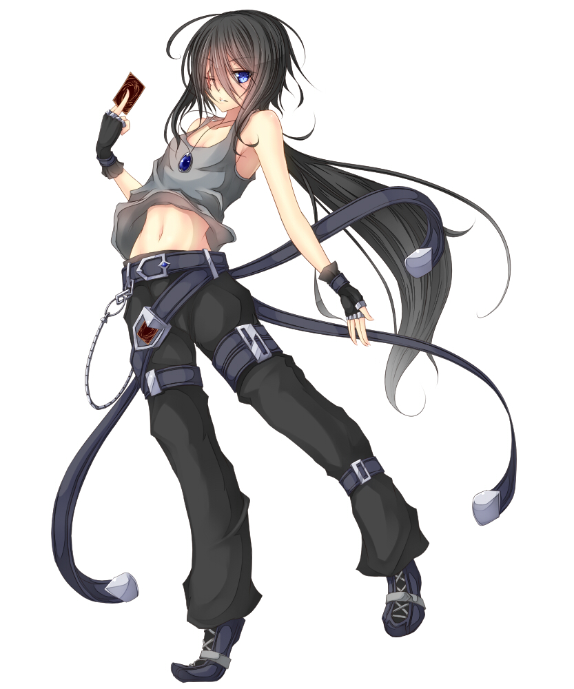 belt, black_hair, blue_eyes, card, fingerless_gloves, flat_chest, gloves, holding, holding_card, long_hair, midriff, navel, pants, pixiv_duel, ponytail, scar, shintani_tsushiya, simple_background, tank_top