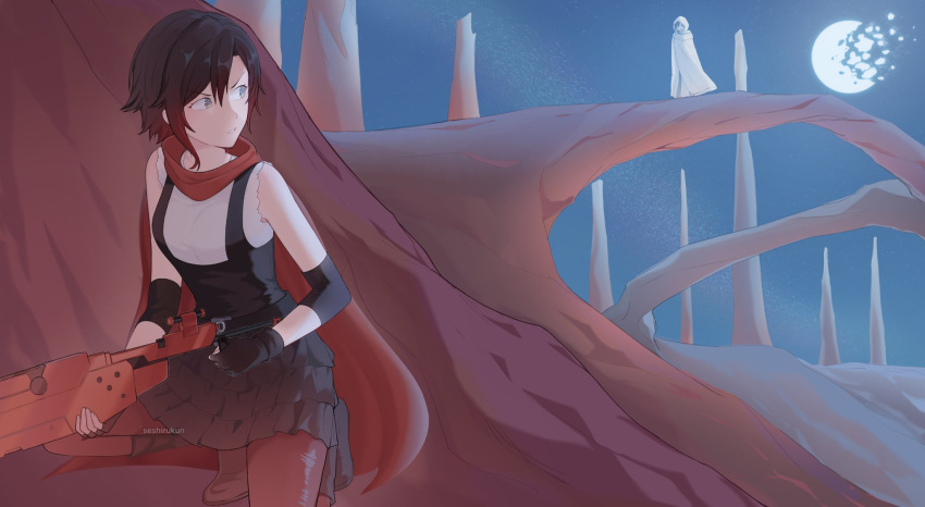 2girls, artist_name, black_boots, black_corset, black_dress, black_gloves, black_hair, boots