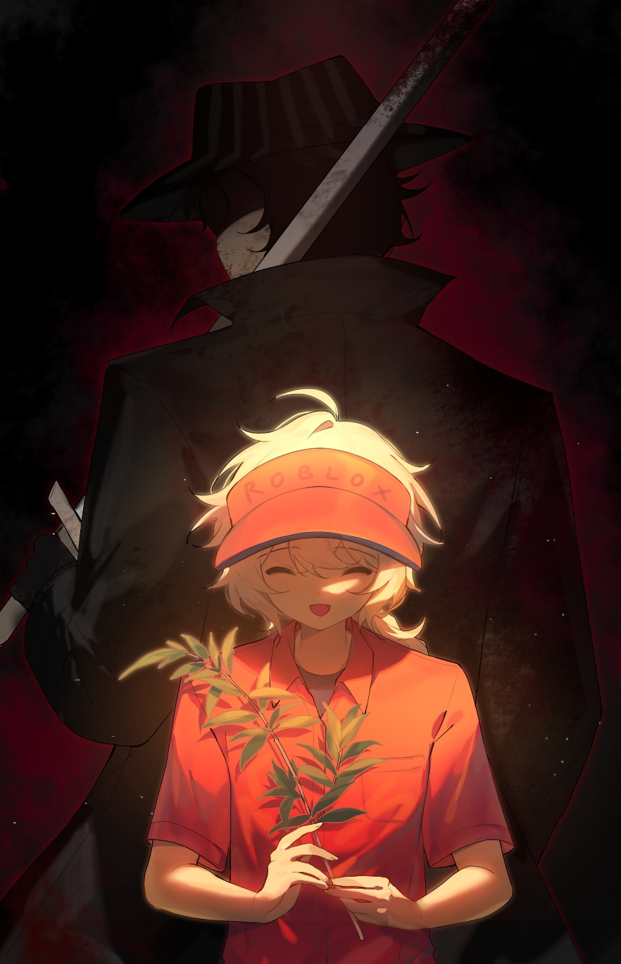 2boys, ^_^, ahoge, black_coat, black_hair, black_hat, blonde_hair, branch