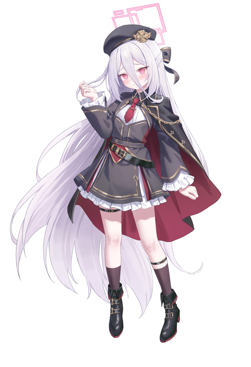 1girl, absurdres, beret, black_boots, black_cape, black_dress, black_hat, black_shirt