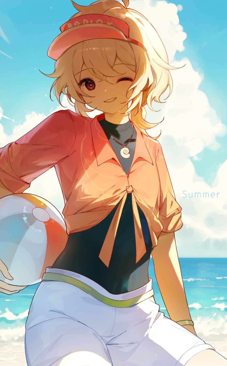 1boy, beach, black_shirt, blonde_hair, brown_eyes, colored_skin, commentary, cowboy_shot