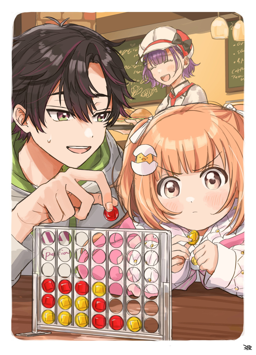1boy, 2girls, :d, ^_^, absurdres, artist_name, bird_hair_ornament, black_bow