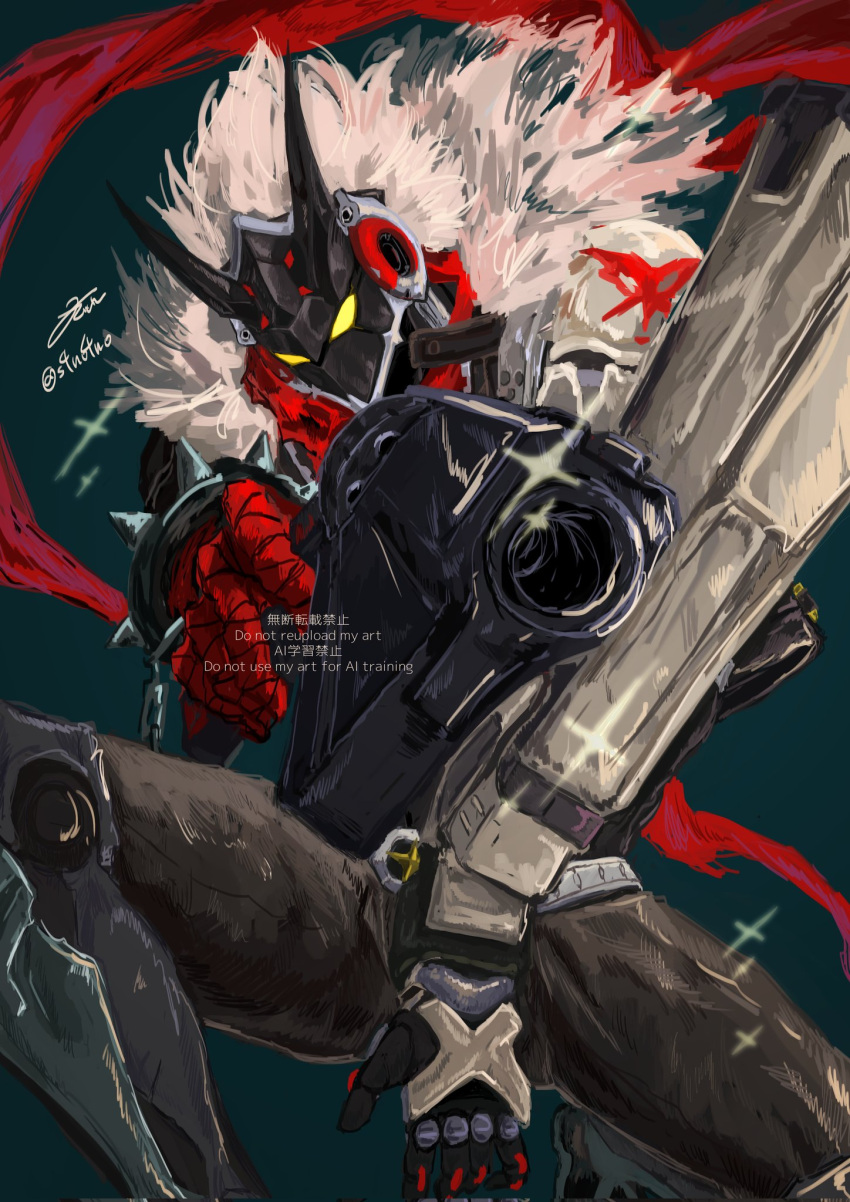 1boy, billy_kid, billy_kid_(starlight), black_jacket, clothed_robot, gun, highres, holding