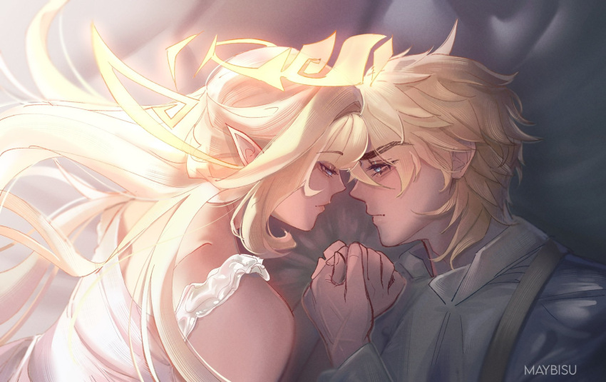 1boy, 1girl, artist_name, blonde_hair, blue_eyes, closed_mouth, english_commentary, face-to-face