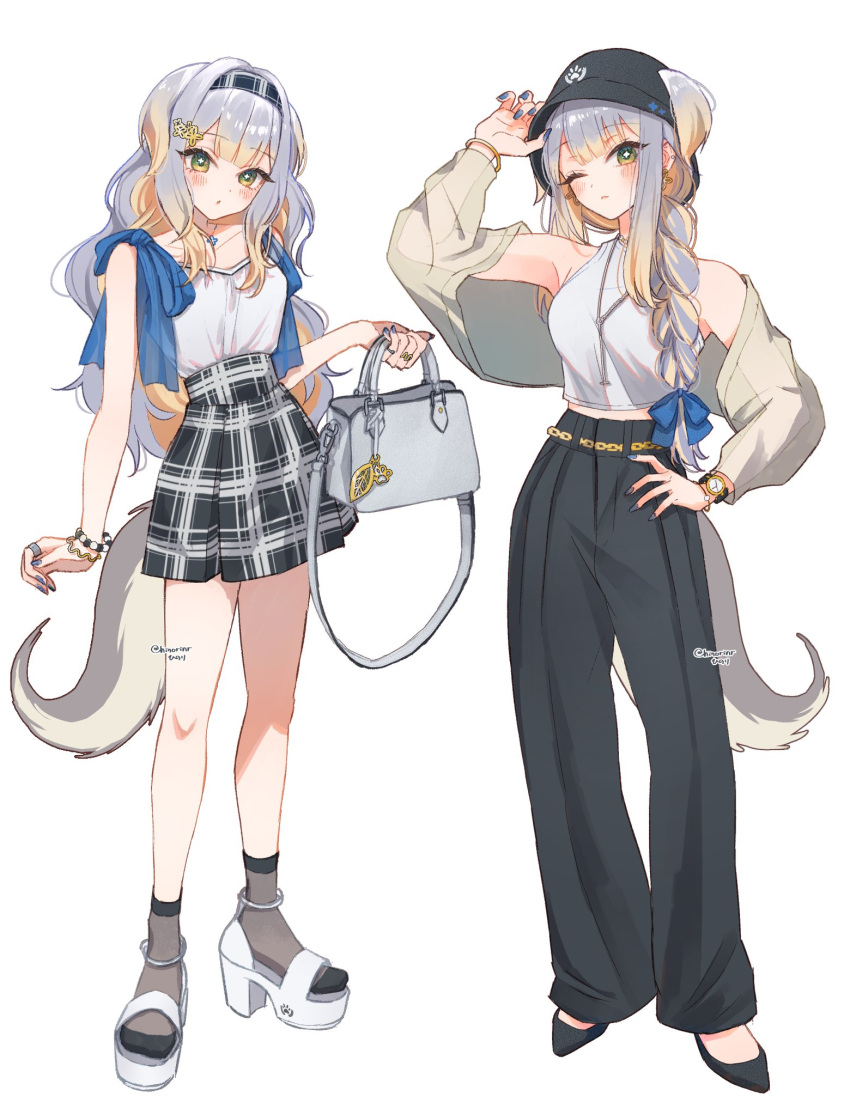 1girl, :o, animal_ears, artist_name, bag, bag_charm, bangle, bead_bracelet, beads, black_hairband, black_hat, black_pants, black_sandals, black_shoes, black_skirt, black_socks, blonde_hair, blue_nails, blue_ribbon, blush, bracelet, braid, bucket_hat, chain, chain_belt, charm_(object), closed_mouth, collarbone, colored_inner_hair, commentary_request, crop_top, dog_ears, dog_girl, dog_tail, double-parted_bangs, earrings, eyelashes, fingernails, gold_bracelet, gold_earrings, gradient_hair, green_eyes, grey_bag, grey_hair, hair_between_eyes, hair_ornament, hair_over_shoulder, hair_ribbon, hairband, hand_on_headwear, hand_on_own_hip, hand_up, handbag, hat, high-waist_skirt, high_heels, highres, hinori_(hinorinr), holding, holding_bag, jewelry, long_fingernails, long_hair, looking_at_viewer, multicolored_hair, multiple_rings, multiple_views, nail_polish, necklace, nijisanji, one_eye_closed, pants, parted_lips, paw_print, plaid_clothes, plaid_hairband, plaid_skirt, pleated_skirt, ribbon, ring, sandals, shioriha_ruri, shirt, shoes, sidelocks, simple_background, single_braid, skirt, sleeveless, sleeveless_shirt, socks, standing, tail, twitter_username, virtual_youtuber, watch, watch, white_background, white_sandals, white_shirt