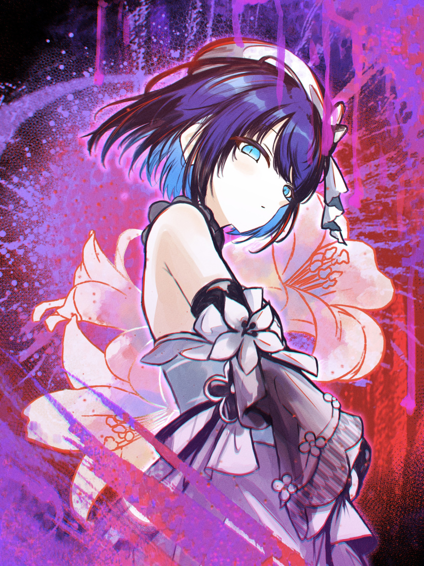 1girl, absurdres, bare_shoulders, beret, blue_hair, colored_inner_hair, commentary_request, detached_sleeves