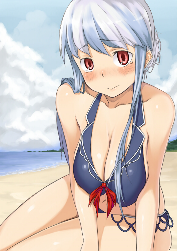 adapted_costume, alternate_hairstyle, bare_shoulders, beach, bikini, blue_hair, blush, breasts