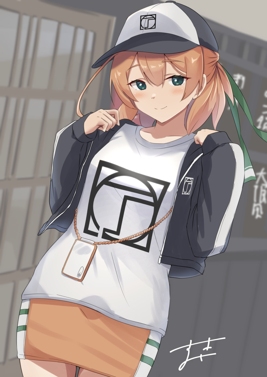 1girl, absurdres, ahoge, baseball_cap, black_jacket, cellphone, cowboy_shot, door