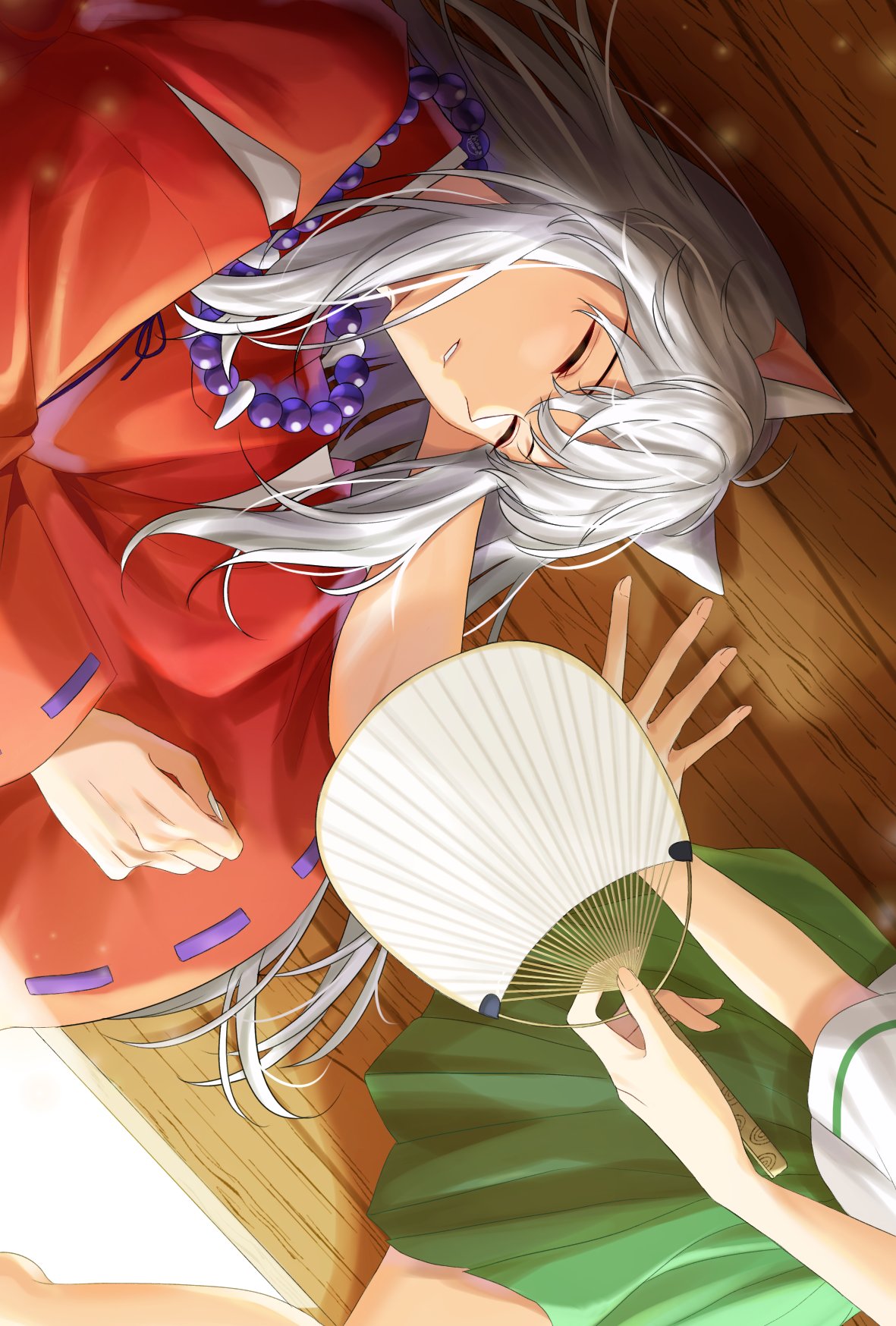 1boy, 1girl, animal_ears, barefoot, bead_necklace, beads, closed_eyes, commentary_request