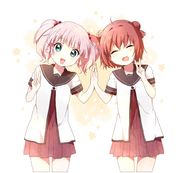 akaza_akari, aqua_eyes, closed_eyes, cropped_legs, double_bun, eyes_closed, hair_bobbles, hair_ornament