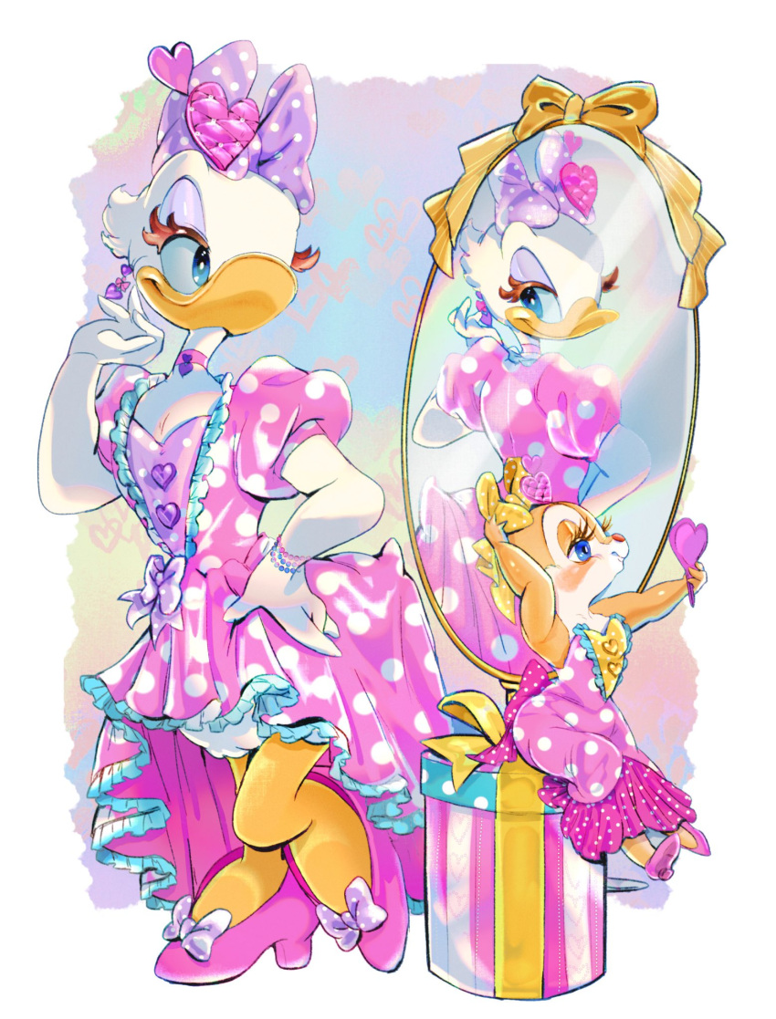 2girls, bead_bracelet, beads, blue_eyes, border, bow, box, bracelet, chipmunk_girl, choker, clarice_(disney), commentary_request, daisy_duck, disney, dress, duck_girl, duck_tail, earrings, eyeshadow, footwear_bow, full_body, furry, furry_female, gift, gift_box, gqr_ko, hair_bow, hair_ornament, hand_in_own_hair, hand_on_own_hip, heart, heart_hair_ornament, highres, holding, holding_mirror, jewelry, looking_at_mirror, makeup, mickey_mouse_&amp;_friends, mirror, multiple_girls, pink_choker, pink_dress, pink_shoes, polka_dot, polka_dot_bow, polka_dot_dress, puffy_short_sleeves, puffy_sleeves, purple_bow, purple_eyeshadow, shoes, short_sleeves, sitting, smile, standing, strapless, strapless_dress, tail_under_clothes, white_border, yellow_bow