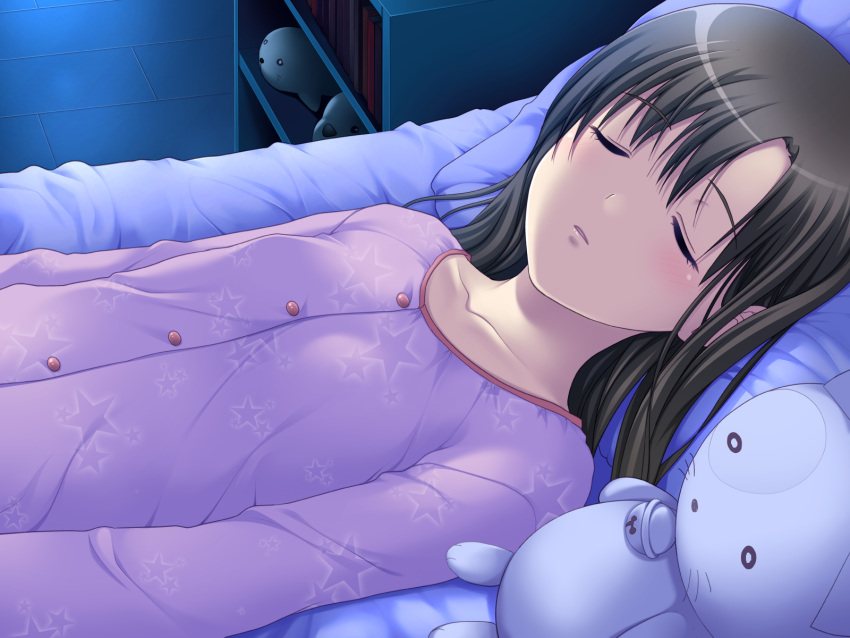 1girl, black_hair, book, bookshelf, breasts, buttons, closed_eyes, collarbone, game_cg, highres, indoors, katase_yuzu, long_hair, long_sleeves, lying, non-web_source, nonohara_miki, on_back, on_bed, pajamas, parted_lips, pink_pajamas, pink_shirt, print_shirt, self-datamine, shirt, shoukoujo, sleeping, small_breasts, solo, star_(symbol), star_print, stuffed_animal, stuffed_cat, stuffed_toy, upper_body, variant_set