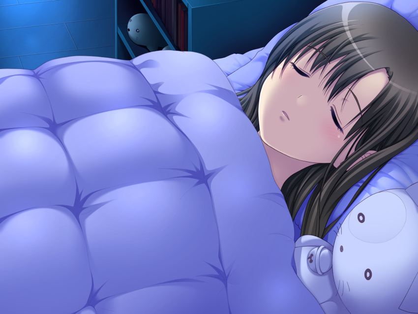 1girl, black_hair, blanket, book, bookshelf, closed_eyes, game_cg, highres, indoors, katase_yuzu, long_hair, lying, non-web_source, nonohara_miki, on_back, on_bed, parted_lips, self-datamine, shoukoujo, sleeping, solo, stuffed_animal, stuffed_cat, stuffed_toy, under_covers, variant_set