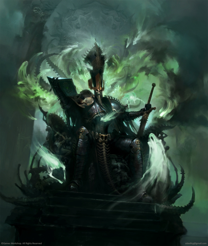 1boy, armor, black_armor, black_helmet, bone, bone_armor, book, commentary