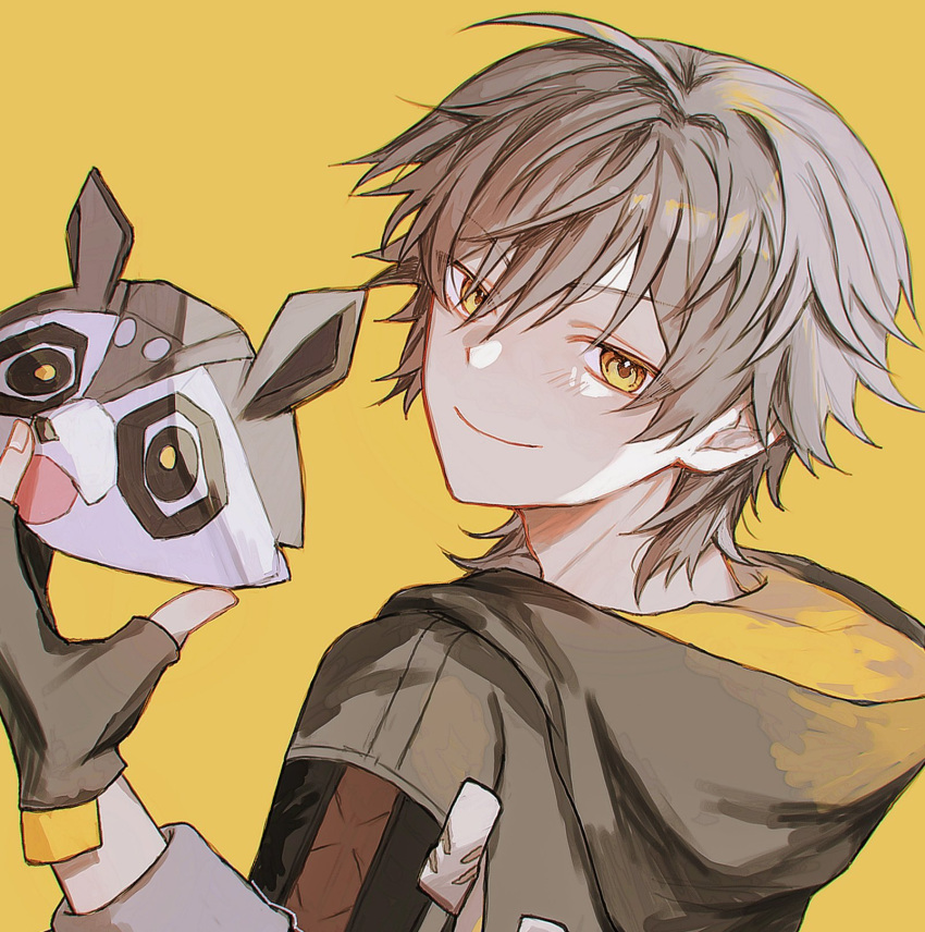 1boy, black_gloves, black_jacket, blush, caelus_(honkai:_star_rail), closed_mouth, commentary, fingerless_gloves