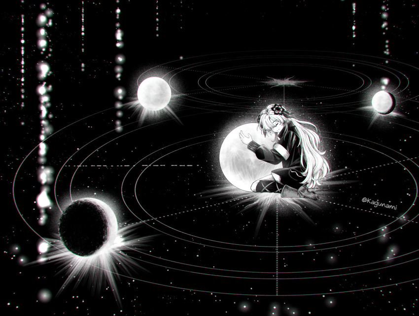 1girl, boots, closed_eyes, coat, flower, full_body, greyscale, hair_flower, hair_ornament, highres, isekaijoucho, kagunami612, kamitsubaki_studio, long_hair, monochrome, sirius_(star), solo, space, star_(sky)