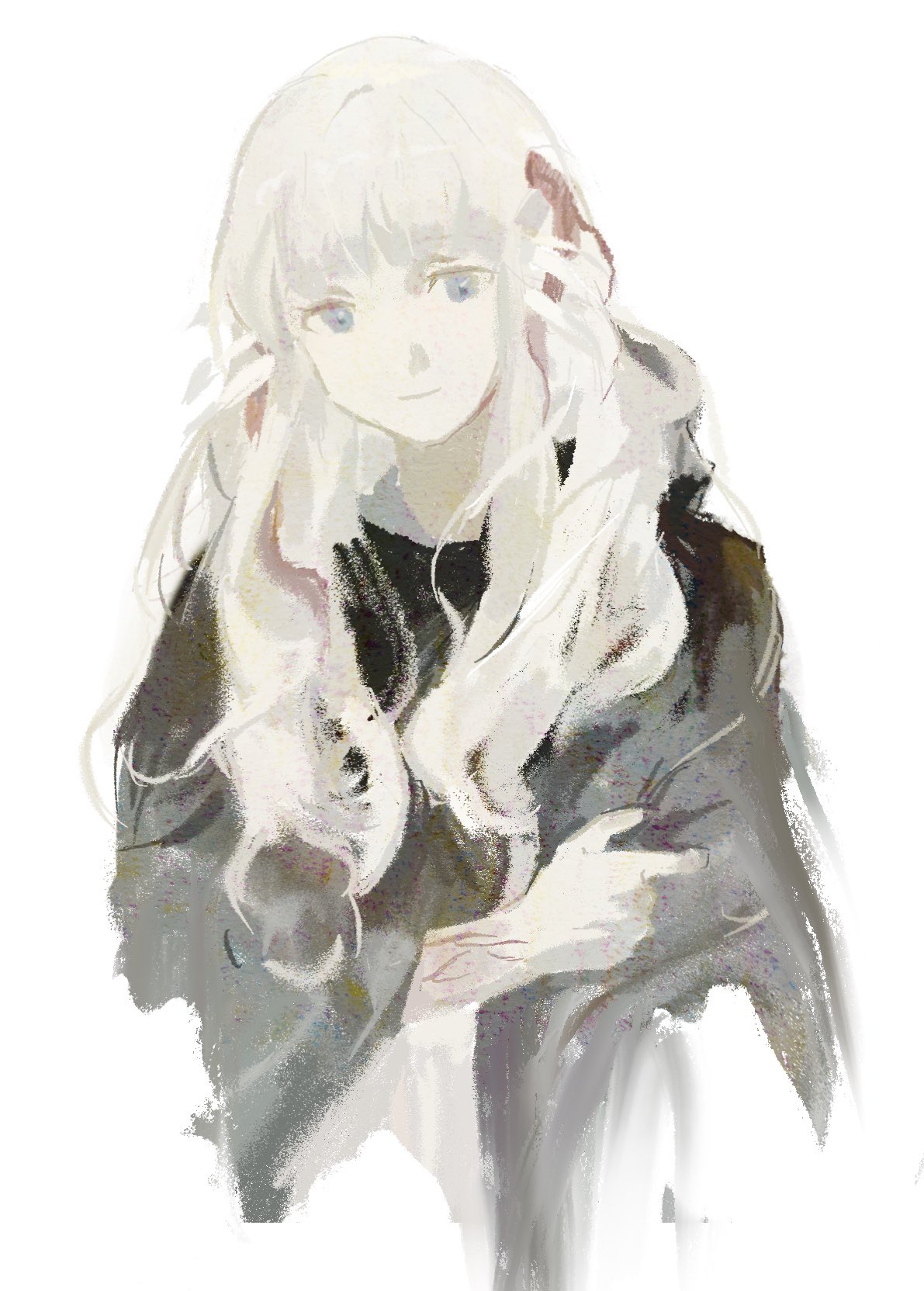 1girl, black_cloak, blue_eyes, cloak, commentary, ender_lilies_quietus_of_the_knights, ender_magnolia_bloom_in_the_mist, ganyuyu11192