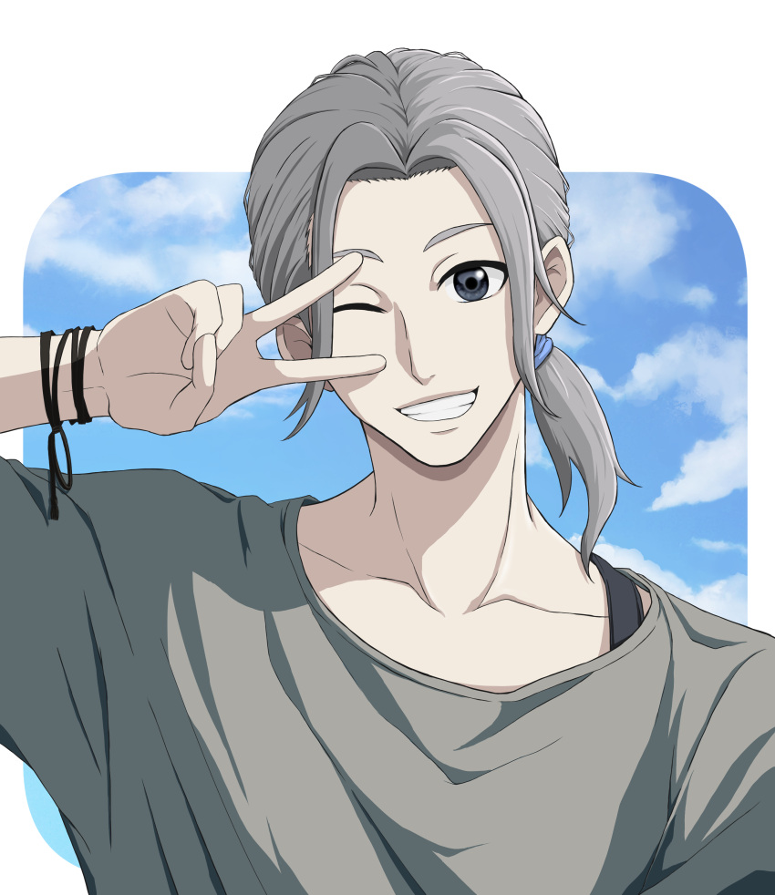 1boy, absurdres, black_eyes, grey_hair, grey_shirt, highres, male_focus, ponytail