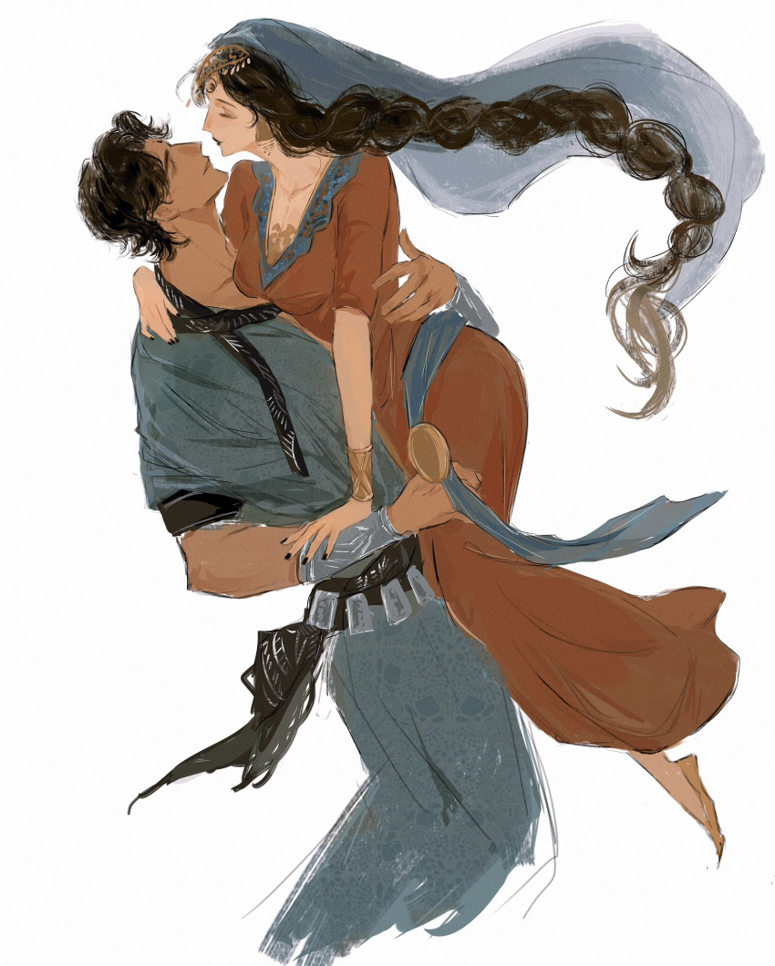 1boy, 1girl, arzu_(sultan's_game), black_hair, black_nails, blue_dress, braid, braided_ponytail