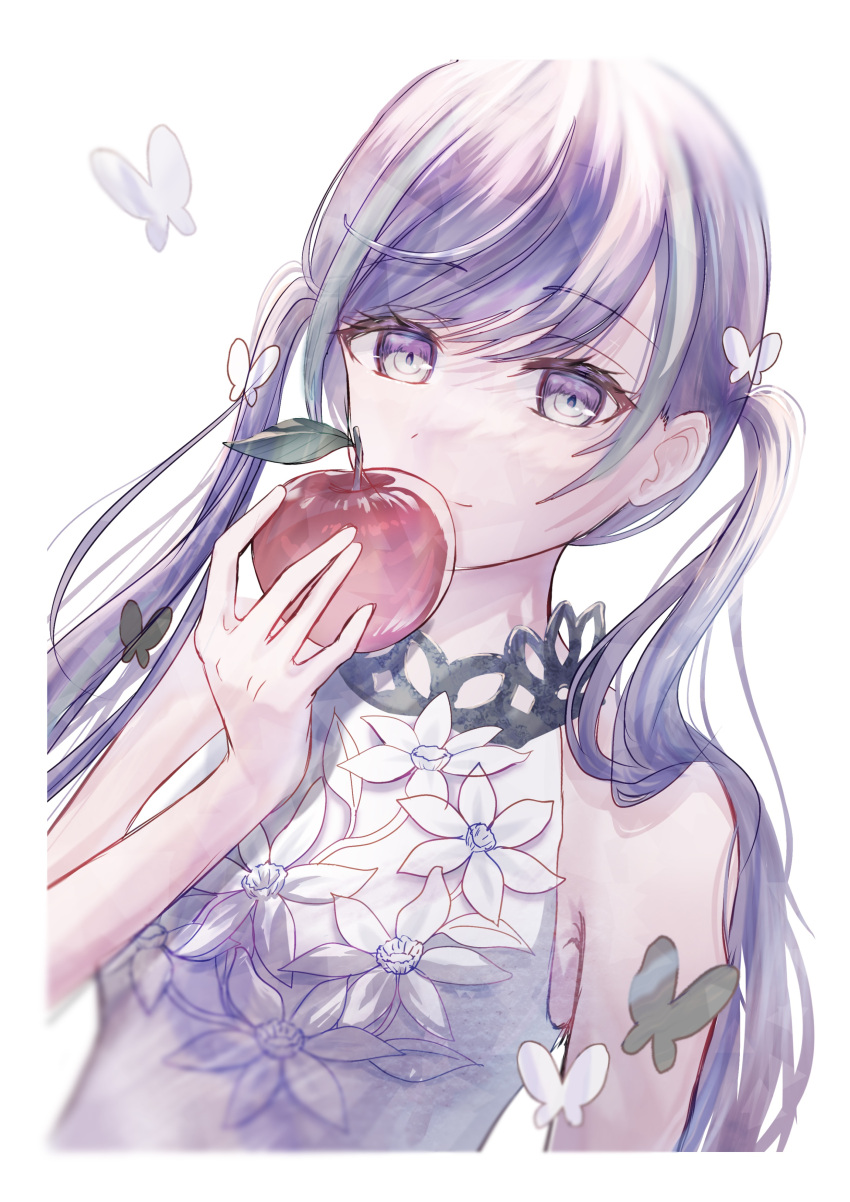 1girl, absurdres, apple, asahina_mafuyu, bare_arms, bare_shoulders, black_butterfly, bloom_festival_(project_sekai)