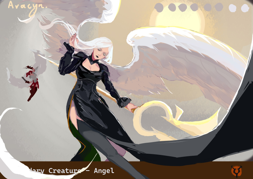 2girls, absurdres, angel, arm_up, avacyn, black_dress, black_lips, black_nails, cleavage_cutout, closed_eyes, clothing_cutout, commentary, copyright_name, dawn, dominjoney, dress, english_commentary, eyeshadow, feathered_wings, flying, gisela_(mtg), gradient_background, grey_eyeshadow, highres, holding, holding_staff, leaning_forward, long_hair, magic:_the_gathering, makeup, multiple_girls, outdoors, single_thighhigh, sky, staff, sun, thigh-highs, white_background, wings