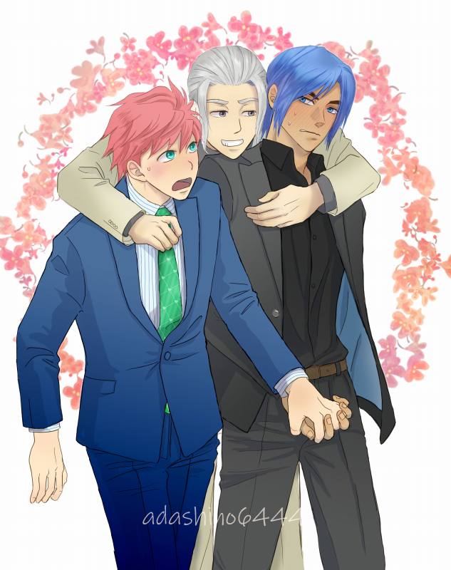 3boys, adashino6444, akashi_(trouble_busters), aoto_(trouble_busters), artist_name, belt, black_pants, black_shirt