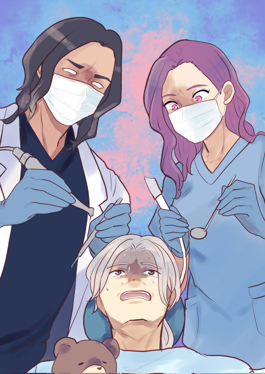 1girl, 2boys, black_hair, blue_gloves, commentary_request, dentist, gloves, hand_mirror, hentai_mugi, highres, lab_coat, latex, latex_gloves, long_hair, mask, medical_scrubs, medium_hair, mirror, mouth_mask, multiple_boys, nervous_sweating, pink_eyes, ponytail, purple_hair, shino_(trouble_busters), stuffed_animal, stuffed_toy, sukatto!_trouble_busters, surgical_mask, sweat, teddy_bear, tetsu_(trouble_busters)